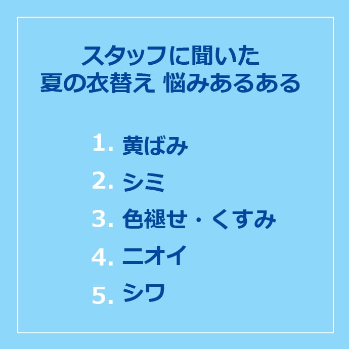 スタッフに聞いた夏の衣替え 悩みあるある　①黄ばみ ②シミ ③色褪せ・くすみ ④ニオイ ⑤シワ